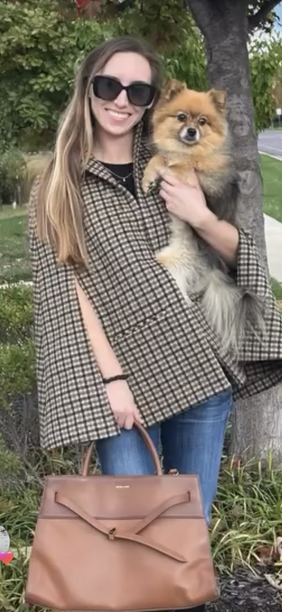 Plaid poncho with Pomeranian